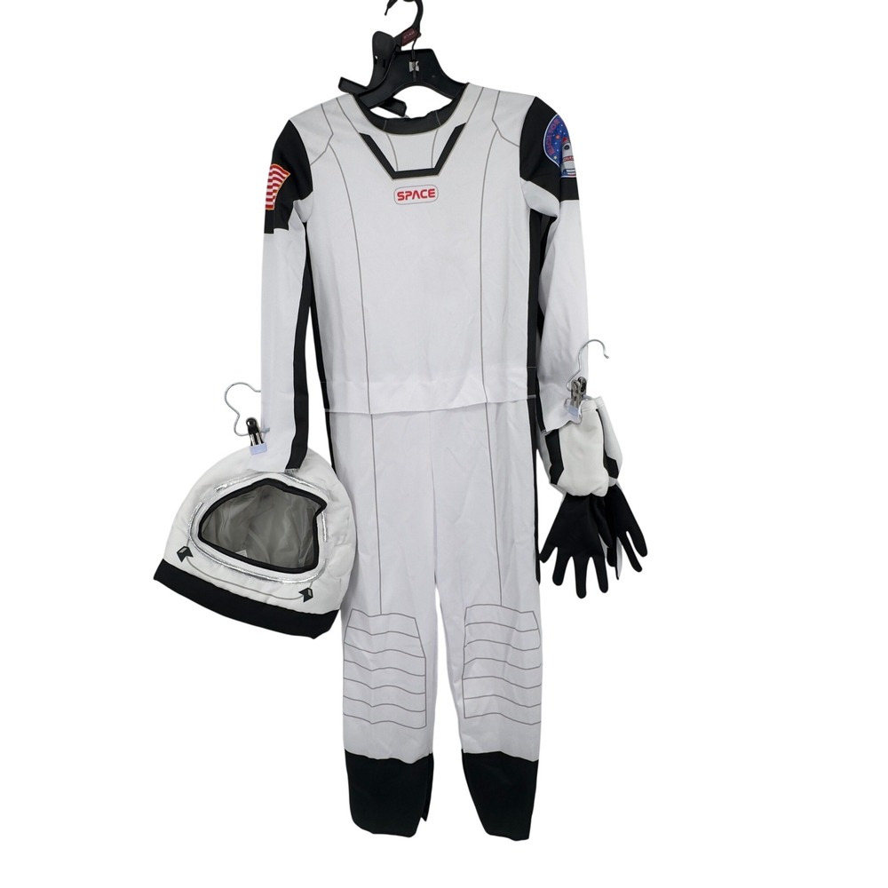Kids Astronaut Costume Set Jumpsuit Helmet Gloves White Black Boy Medium 8-10